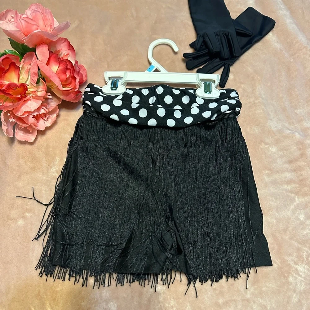 Girls Revolution Black Fringe Polka Dot Waist Skirt costume with Gloves   Size M